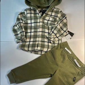 NWT DKNY Little Boy Hooded Shirt and Sweat Pants Size 2T Color: Olive Green